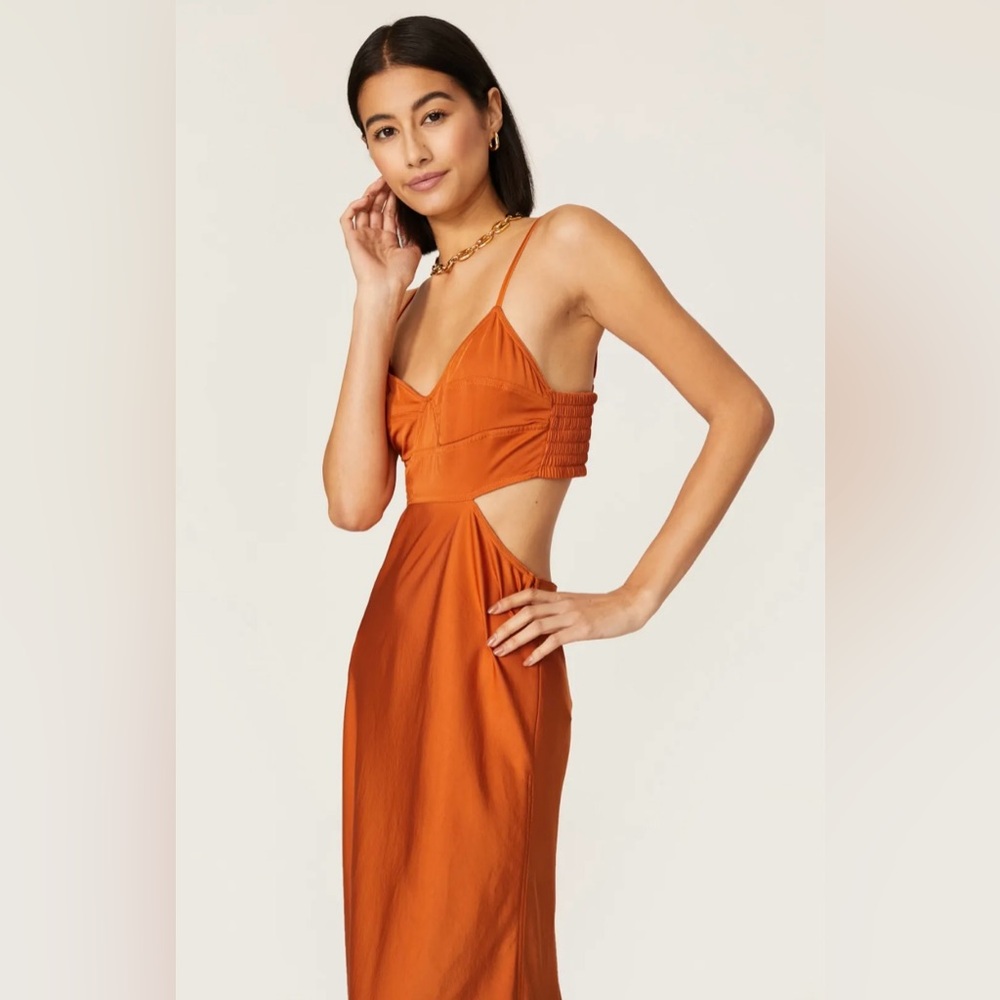 A.L.C. Blakey Cut-Out Satin Midi Dress Smocked Back Rust Orange Size 4 - Picture 6 of 13